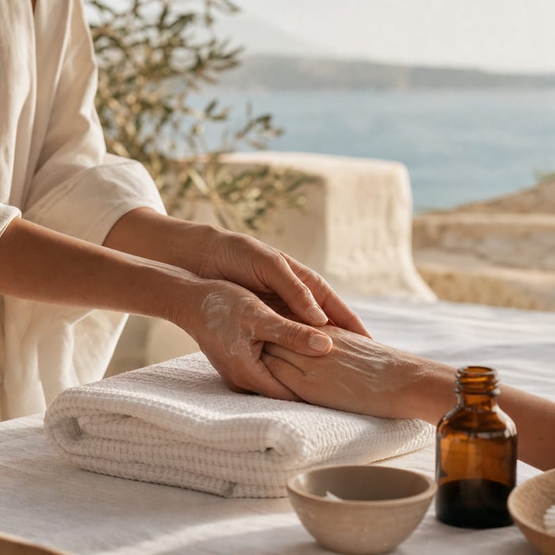 Massage des mains sur une serviette blanche